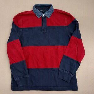 Tommy Hilfiger Mens Long Sleeve Rugby Shirt Red Navy Blue Denim Collar Large